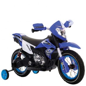 Moto elettrica 6 Volt per bambini con luci, suoni e retromarcia. Motocicletta elettrica enduro blu per bambino con rotelle e ruote gonfiabili.