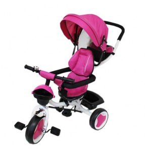 Triciclo tricygo in metallo rosa per bambina con cappottina e cestino portaoggetti.