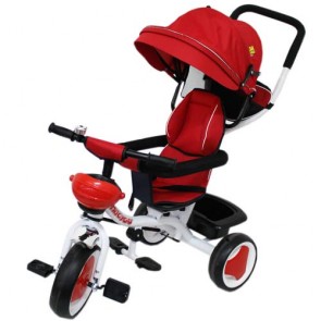 Triciclo in metallo rosso per bambino con cappottina e cestino portaoggetti. Tricicli passeggino a pedali per bambini con maniglione 
