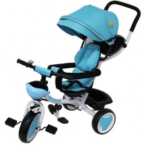 Triciclo in metallo blu per bambino con cappottina e cestino portaoggetti. Tricicli passeggino a pedali per bambini con maniglione 