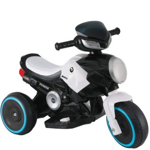 Motocicletta elettrica per bambini con batteria 6 volt, moto da corsa tre ruote bianca per bambino con musica e luci.