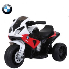 Motocicletta elettrica BMW S1000RR rossa per bambini con batteria 6 volt, moto da corsa tre ruote per bambino con musica e sedile in ecopelle.