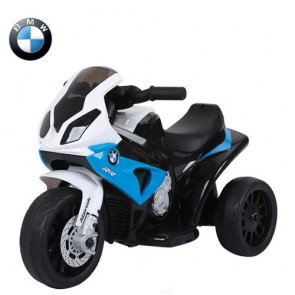 Motocicletta elettrica BMW S1000RR blu per bambini con batteria 6 volt, moto da corsa tre ruote per bambino con musica e sedile in ecopelle.