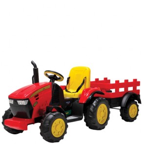 Trattore elettrico per bambini Dusseldorf con batteria 12 Volt e funzione di retromarcia. Trattori elettrici per bambini colore rosso con rimorchio.