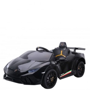 Macchina elettrica per bambini Lamborghini Huracan con batteria 12 volt, telecomando e fari a led. Auto elettrica sportiva per bambino nera, con radiocomando e retromarcia.