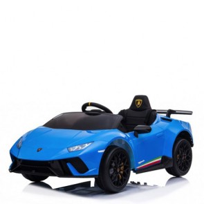 Macchina elettrica per bambini Lamborghini Huracan con batteria 12 volt, telecomando e fari a led. Auto elettrica sportiva per bambino blu, con radiocomando e retromarcia.