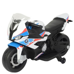 Motocicletta elettrica BMW S1000RR bianca per bambini con batteria 12 volt, moto da corsa per bambino con musica, faro a led e retromarcia.