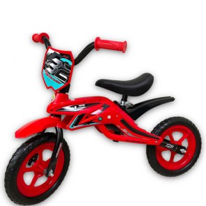 Bicicletta pedagogica rossa per bambino con telaio in acciaio. Biciclette senza pedali per bambini con sedile in pelle, luci e suoni.