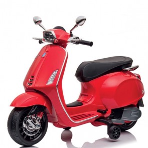 Vespa per bambini elettrica Piaggio rossa con batteria 12 volt, scooter elettrico per bambino con rotelle e sedile.