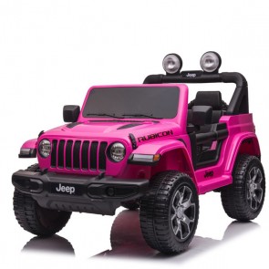 Auto elettrica due posti per bambine con batteria 12 volt, telecomando e radio. Fuoristrada Jeep Wrangler Rubicon elettrico colore rosa