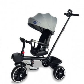 Triciclo grigio per bambino con parasole e cestino portaoggetti. Tricicli passeggino per bambini con maniglione, 