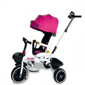 Triciclo fuxia per bambina con parasole e cestino portaoggetti. Tricicli passeggino per bambine con maniglione, sedile girevole e tre ruote.