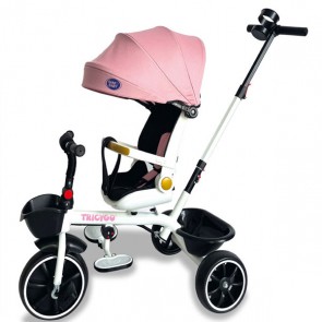 Triciclo rosa per bambina con parasole e cestino portaoggetti. Tricicli passeggino per bambine con maniglione, sedile girevole e tre ruote.