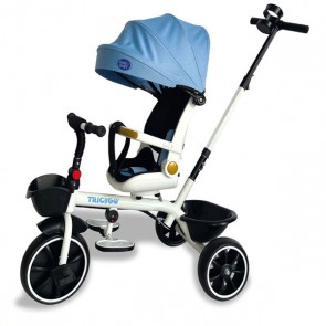 Triciclo celeste per bambino con parasole e cestino portaoggetti. Tricicli passeggino per bambini con maniglione, sedile girevole e tre ruote.