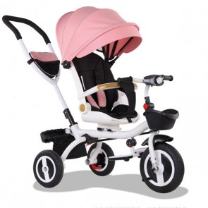 Triciclo passeggino rosa per bambina con cappottina. Tricicli passeggini a pedali per bambine con maniglione e sedile Girevole 180°.