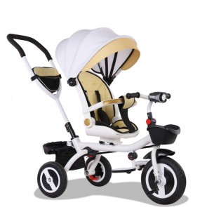 Triciclo passeggino bianco con cappottina per bambino. Tricicli passeggini a pedali per bambini con maniglione e sedile Girevole 180°.