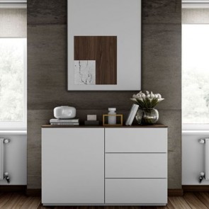 Credenza buffet moderna bianca TemaHome con 1 anta e 3 cassetti. Mobile basso noce per cucina e soggiorno