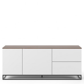 Credenza buffet moderna bianca TemaHome con 2 ante e 2 cassetti. Mobile basso noce per cucina e soggiorno con gambe in metallo nero
