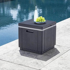 Tavolino portaghiaccio grigio da giardino in resina, tavolini frigo da esterno per balconi e terrazzi. Dimensioni 42x42x41h cm