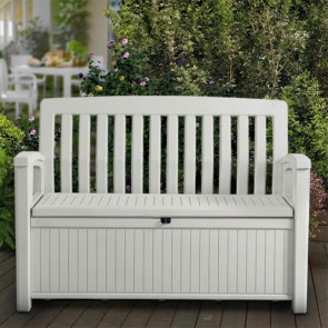 Cassapanca contenitore in resina con finitura effetto legno per esterno. Panchina baule da giardino in resina bianco, misure 132X61X89H cm.