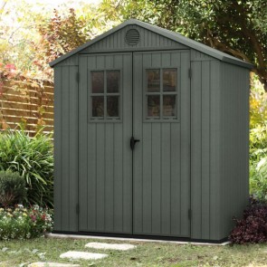 Casetta Keter da giardino con pannelli evotech e finestre frontali. Casette con rifinura effetto legno naturale, robusta e ideale per riporre qualsiasi attrezzo da giardino.