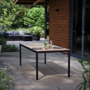 Tavolo da giardino grafite con piano effetto legno, tavoli in metallo grigio da esterno per balconi e terrazzi. Dimensioni 159x95x75h cm 