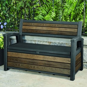 Cassapanca contenitore in resina per esterno con finitura effetto legno noce. Panca baule da giardino in resina