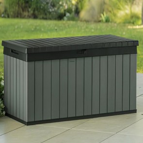 Box Keter da giardino verde in resina. Baule porta attrezzi rinforzato, ideale per riporre accessori per la piscina o per qualsiasi esigenza in giardino.