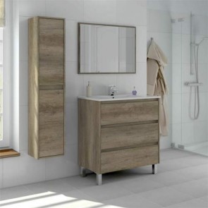 Colonna sospesa per mobile bagno Dakota. Armadietto in legno per mobili con due ante e quattro ripiani in rovere