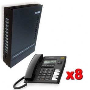 Centralino telefonico ufficio analogico pabx 1 linea 8 interni, con messaggio DISA e identificativo chiamante. Kit centralini telefonici per aziende con 8 telefoni Alcatel, musica e chiamata citofonica.