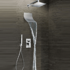 Kit soffione doccia 25x25 cm in acciaio inox, soffioni Tucano a cascata, mix incasso con deviatore 3 uscite e kit doccia con supporto doccetta.