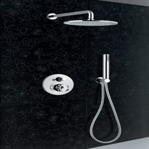Kit doccia completo di soffione cilindrico ottone diametro 25 cm, un miscelatore incasso, deviatore 2 uscite e kit doccia con supporto doccetta.