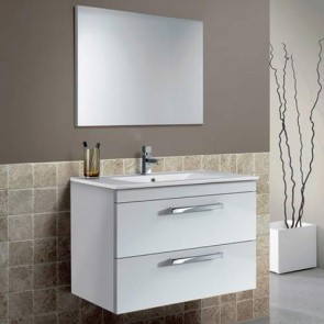 Mobile bagno moderno sospeso bianco laccato Aruba. Mobili bagno sospesi in legno completo di specchio, dimensioni 80X45X57h cm.