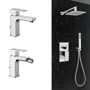 Kit square cromo completo di soffione doccia quadrato in acciaio inox con miscelatore incasso e deviatore 2 uscite più doccetta. Set bagno doccia completo di monocomando lavabo e rubinetto bidet.