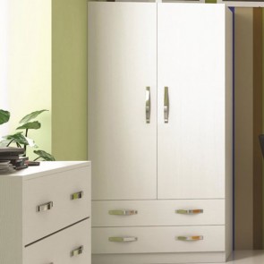 Armadio guardaroba camera da letto due ante e 2 cassetti in legno. Armadi per cameretta con doppia anta e cassettiera di colore bianco frassinato