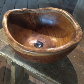 Lavandino bagno da appoggio in teak naturale realizzato a mano. Lavandini Cipì a ciotola in legno, dimensioni 35x18h cm