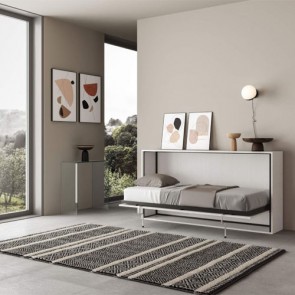Letto singolo a scomparsa orizzontale bianco frassino. Letti singoli estraibili completi di rete a doghe e materasso, ideali in soggiorno e in ufficio.