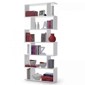 Libreria alta componibile bianca, librerie divisoria bifacciale con 6 vani in legno melaminico dimensioni 80x25x192 cm.