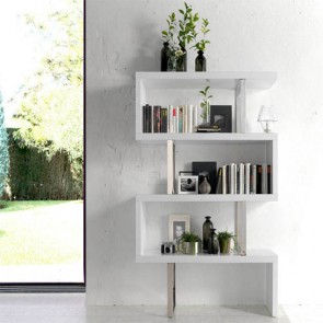 Libreria soggiorno casa in acciaio e legno bianco lucido. Librerie salone moderne in noce, ideali anche per l'ufficio.