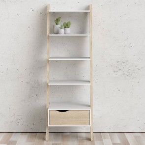 Mobile libreria scaletta a muro bianca e rovere. Librerie scala a parete 5 ripiani con cassetto, ideale a casa e in ufficio.