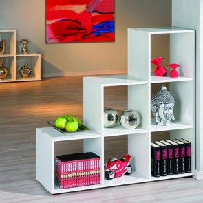 Libreria scaffale sovrapponibile bianca, librerie divisoria bifacciale componibile con 6 vani in legno melaminico.