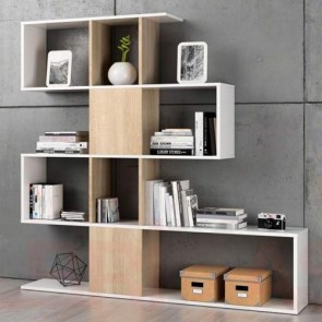 Libreria componibile bianca, librerie divisoria bifacciale rovere con 4 ripiani in legno melaminico