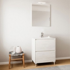 Mobile bagno Lisbona rovere bianco, completo di lavabo, specchio e illuminazione. Mobili bagno con due cassetti.