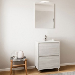 Mobile bagno Lisbona rovere grigio, completo di lavabo, specchio e illuminazione. Mobili bagno con due cassetti.