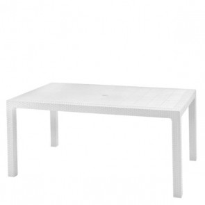 Tavolo da giardino bianco in resina antiurto, tavoli bianchi da esterno effetto rattan per balconi e terrazzi. Dimensioni 160,5x94,5x74,5h cm 