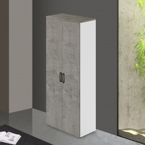 Armadio ufficio in legno con serratura. Armadietto multiuso a 2 ante cemento con ripiani, dimensioni 90x45x212 cm.