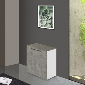 Armadio ufficio in legno con serratura. Armadietto multiuso a 2 ante cemento con ripiani, dimensioni 90x45x87 cm.