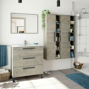 Mobile bagno moderno Athena con tre cassettoni in rovere. Mobili bagno Fores in legno completo di specchio, dimensioni 80x45x86h cm.