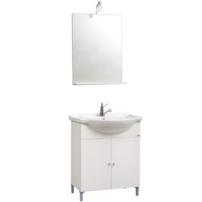 Kit Mobile bagno moderno Desy. Mobili in legno laccato bianco completo di specchio con illuminazione alogena e lavabo.