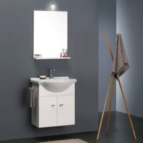 Kit Mobile bagno moderno sospeso Emma. Mobili sospesi in legno laccato bianco completo di specchio con illuminazione e lavabo